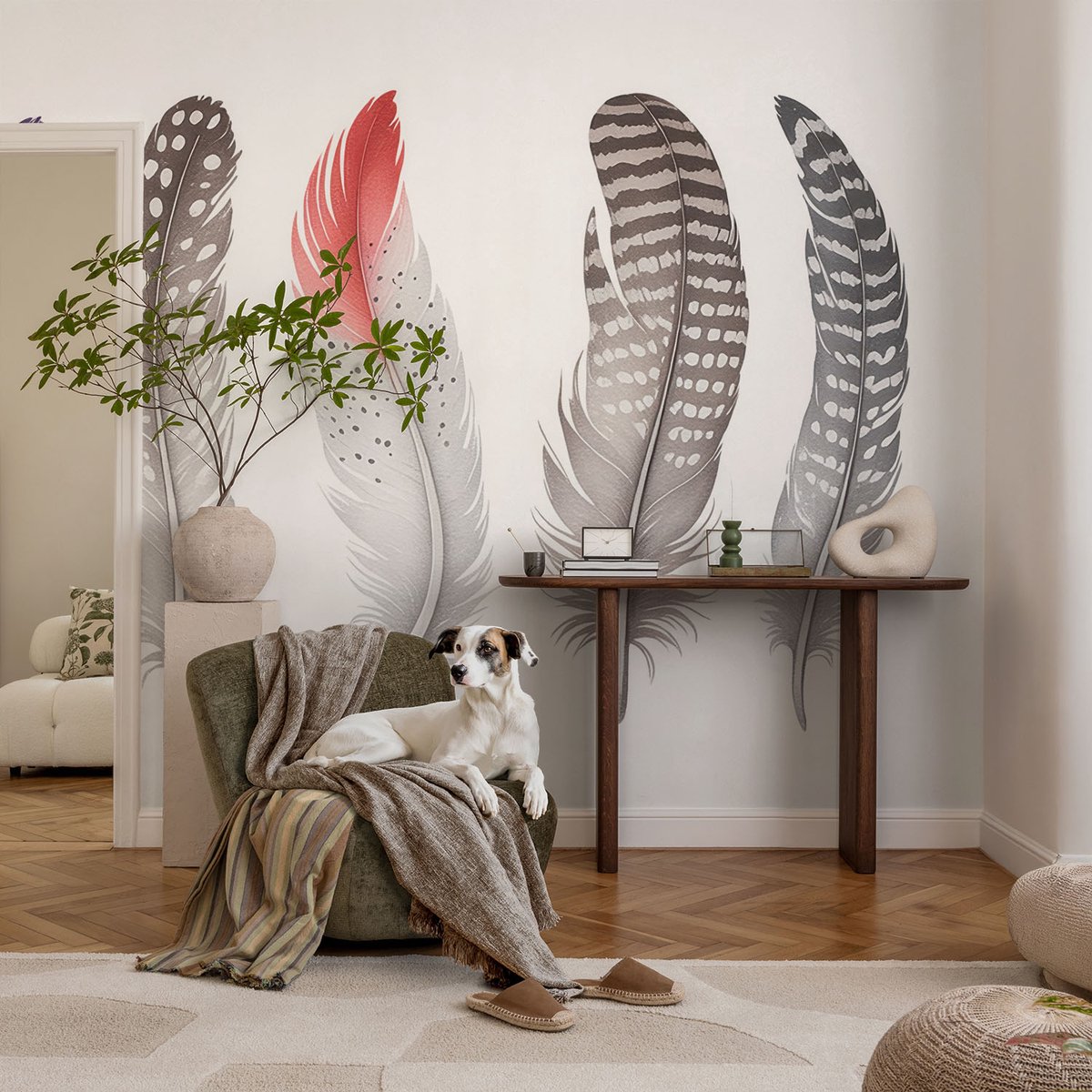 Coloray Vliesbehang - Paars Snellijm Behang - 104x70 cm - Gedessineerde Veren Muurschildering - Slaapkamer behang Deel - Fotobehang Vlies - Slaapkamer behang