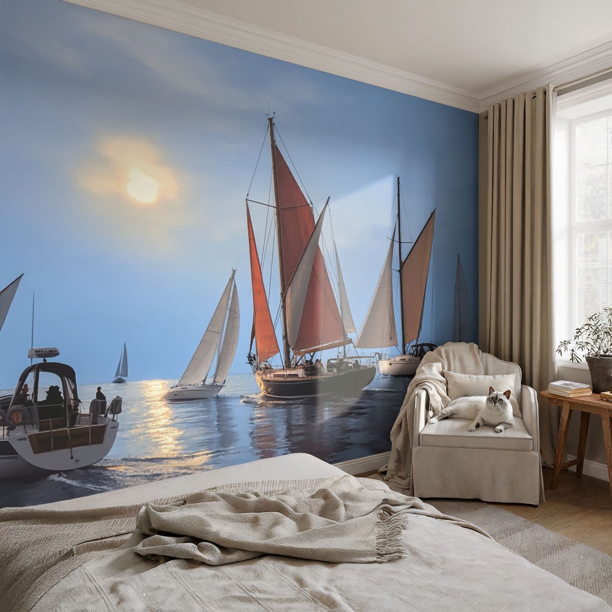 Coloray Vliesbehang - Blauw Snellijm Behang - 104x70 cm - Zeilavontuur Fotobehang Vlies - Woonkamer behang Landschappen - Muurschildering - Woonkamer behang