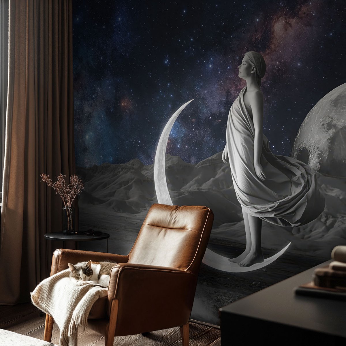Coloray Vliesbehang - Zwart-Wit Snellijm Behang - 104x70 cm - Nachtdromen Fotobehang Vlies - Woonkamer behang Kosmos - Muurschildering - Woonkamer behang