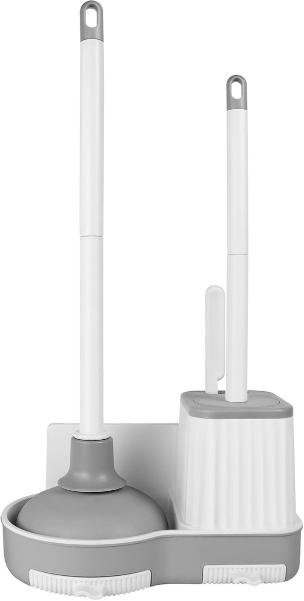 Toiletborstel en Ontstopper 3-in-1 Set - Muurmontage met Houder en Kierborstel - Wit/Grijs - Voor Badkamer en Toiletreiniging