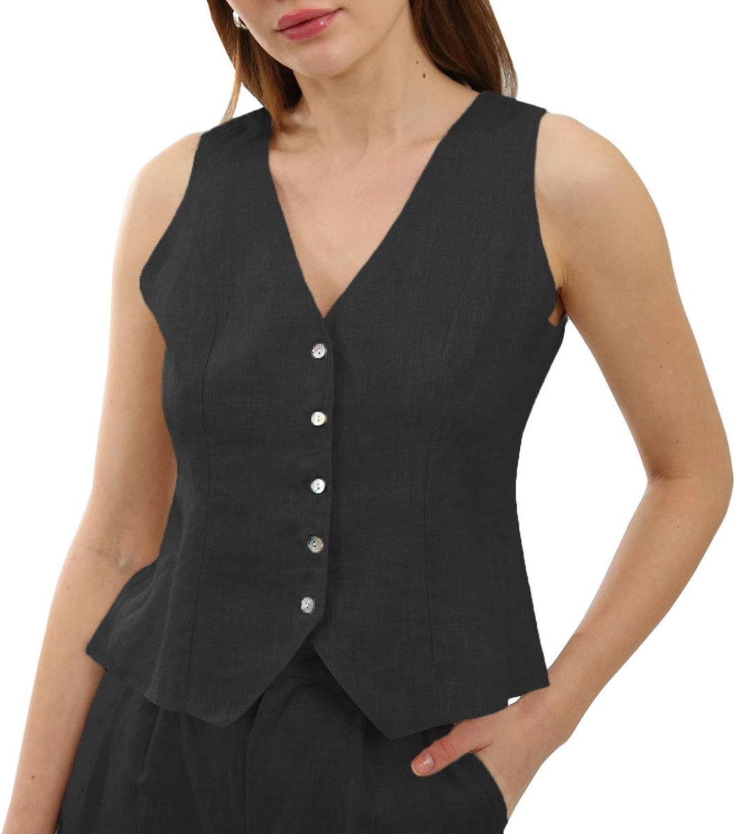 Kostuumvest voor dames, linnen mouwloos vest, damesvest, V-hals, kort, knoopsluiting, smalle pasvorm, verstelbare riemen
