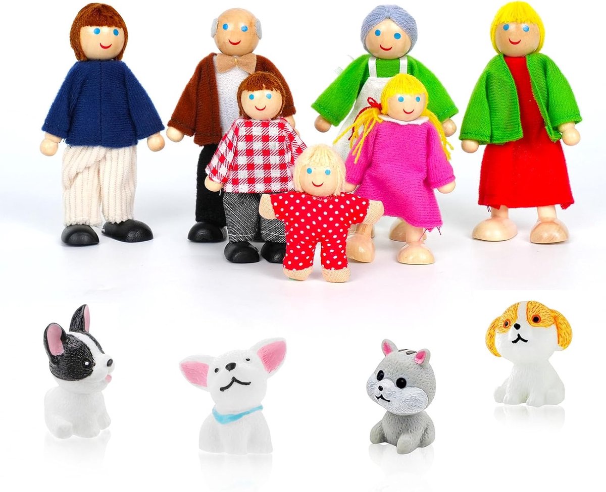 Poppenspeelhuis Poppenstel 11-delig Familie Figuren Buigpoppen met Kat en Hond Speelgoed Minipoppen Accessoires voor Pretend Dollhouse Cadeau