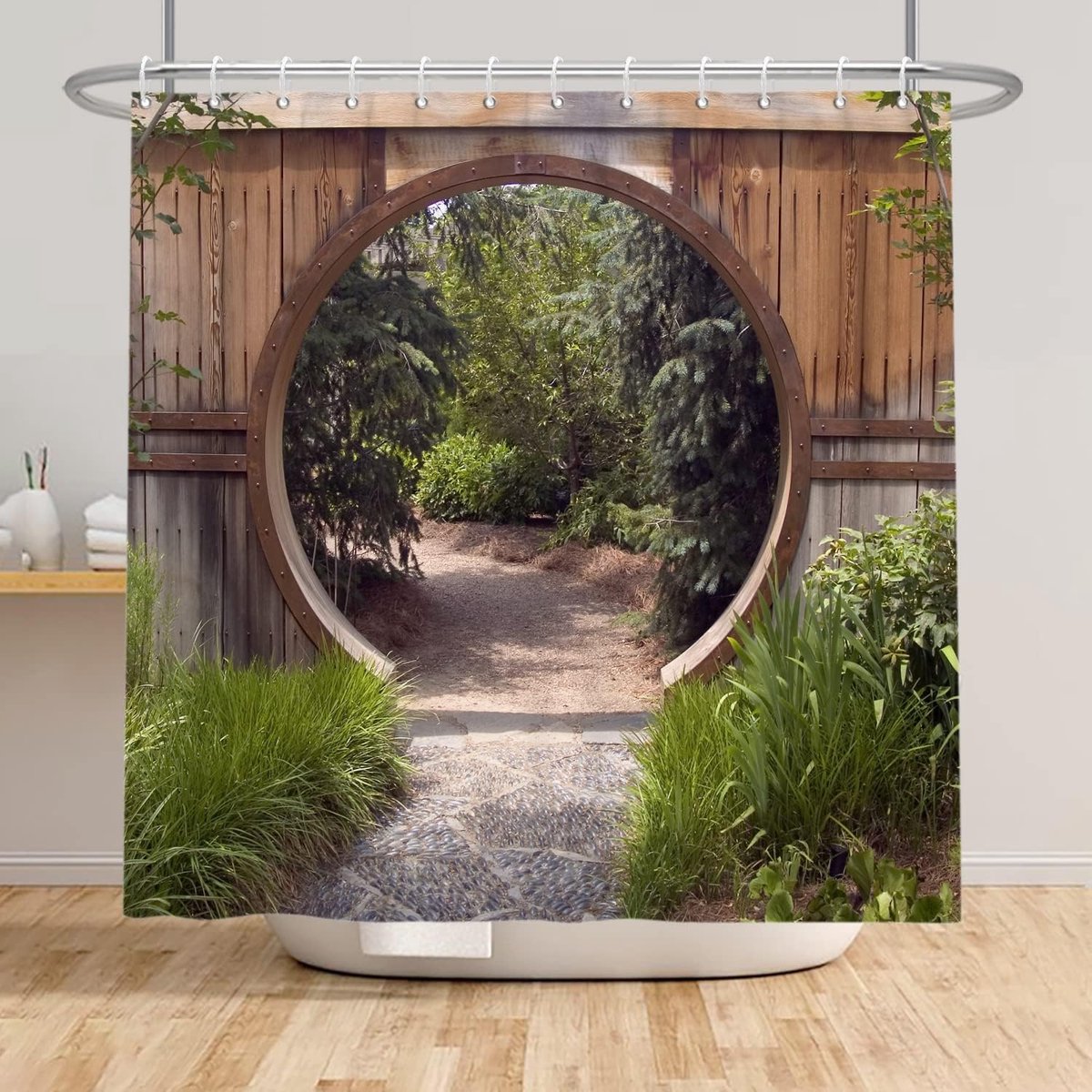 Douchegordijn, 120 x 180 cm, natuur, tuinlandschap, rond, hout, boerderij, vintage, badgordijn, groen, botanisch, bladeren, badgordijn, polyester, met haken