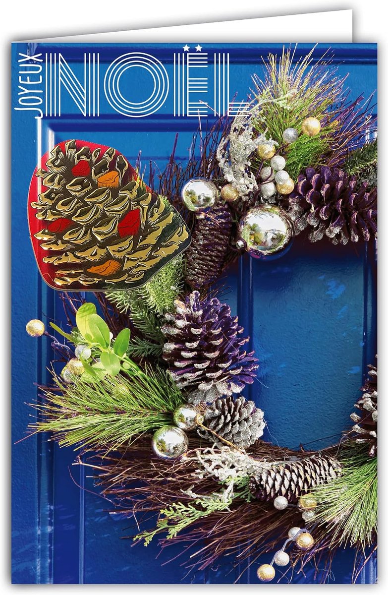 61-6049 Kerstkaart met envelop en collage in relaf dennenappels in goud glanzend fonkelende kroon ballen maretak deur decoratie natuur traditioneel