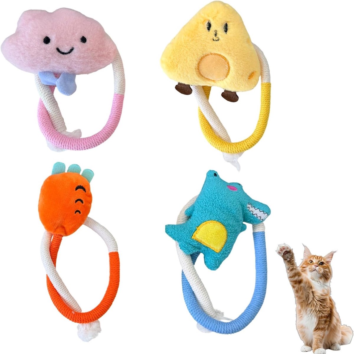 Bijtspeelgoed van katoenen touw met kattenkruid, tandreiniging en mondhygiëne, interactief anti-stress speelgoed voor kittens, volwassen katten en senioren