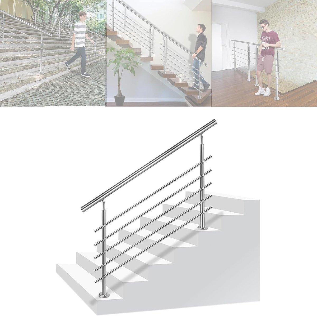 120 cm leuning, trapleuning, Ø 42 mm, balustrades van roestvrij staal, 5 dwarsbalustrades, terrasleuning, vloermontage, bouwpakket, trappen voor binnen en buiten, trappen, balkon, balustrade