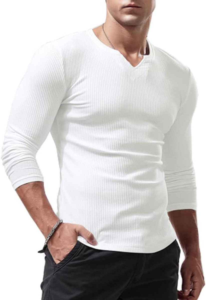 Sport-T-shirts met lange mouwen en korte mouwen voor heren, V-hals stretch, gespierde pasvorm, casual ondergoed, thermo-shirt voor heren, lichtgewicht T-shirt met lange mouwen en korte