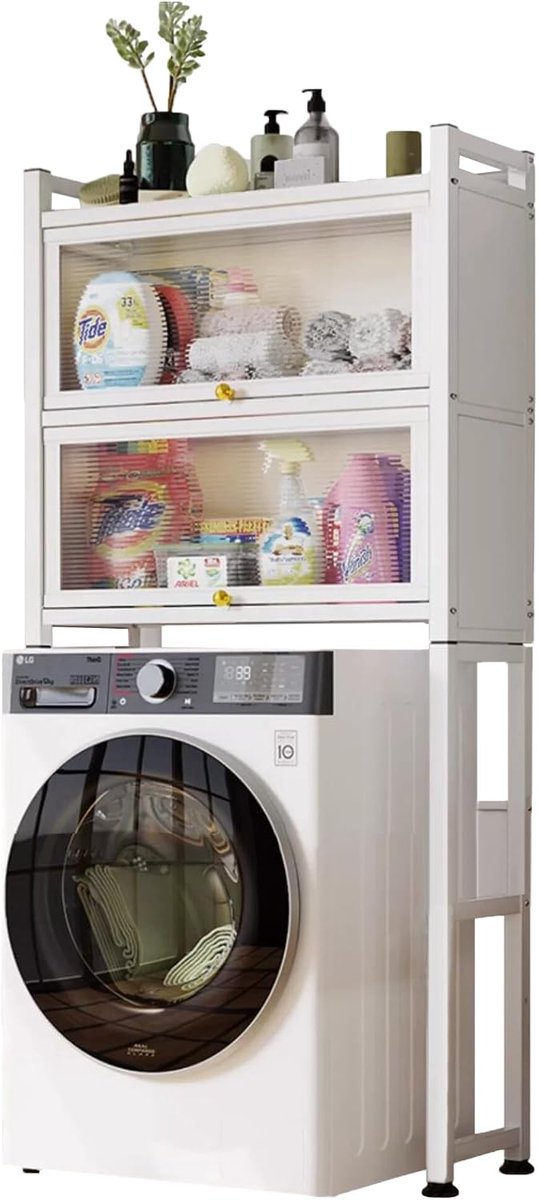 Boven Wasmachine met Vouwdeuren | Waterdicht Opbergrek | Multifunctionele Organisatorplank | Ruimtemet 3 Niveaus | In hoogte Verstelbare Poten