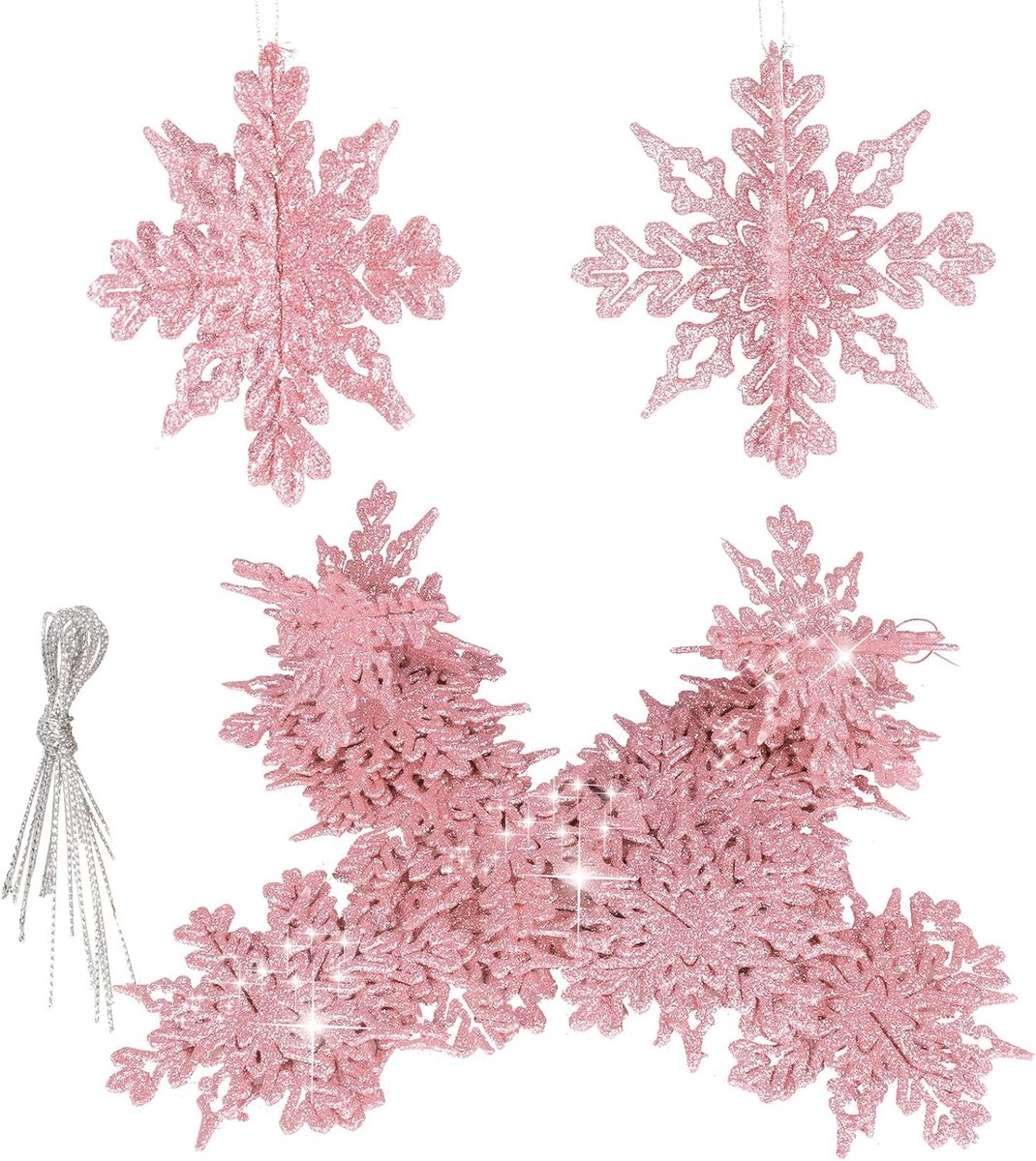 20 stuks 3D glitter sneeuwvlok ornamenten, 4 inch kunststof hangend kunsthandwerk (roze 20)