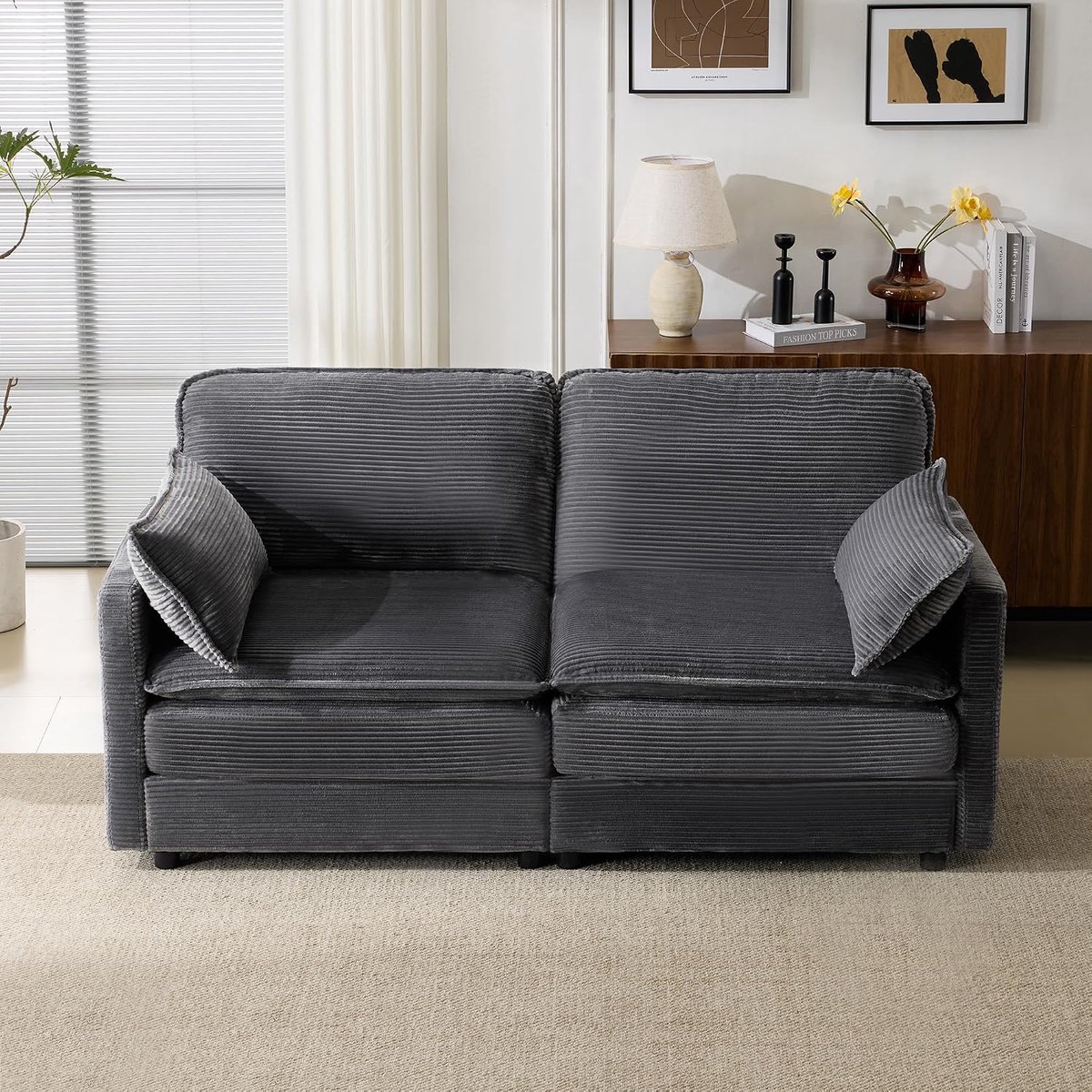 2-zits bank in Scandinavische stijl, corduroy bank met kussen, diepe zitting, stabiel houten frame en houten poten voor woonkamer (hout + corduroy, donkergrijs + 2-zits)