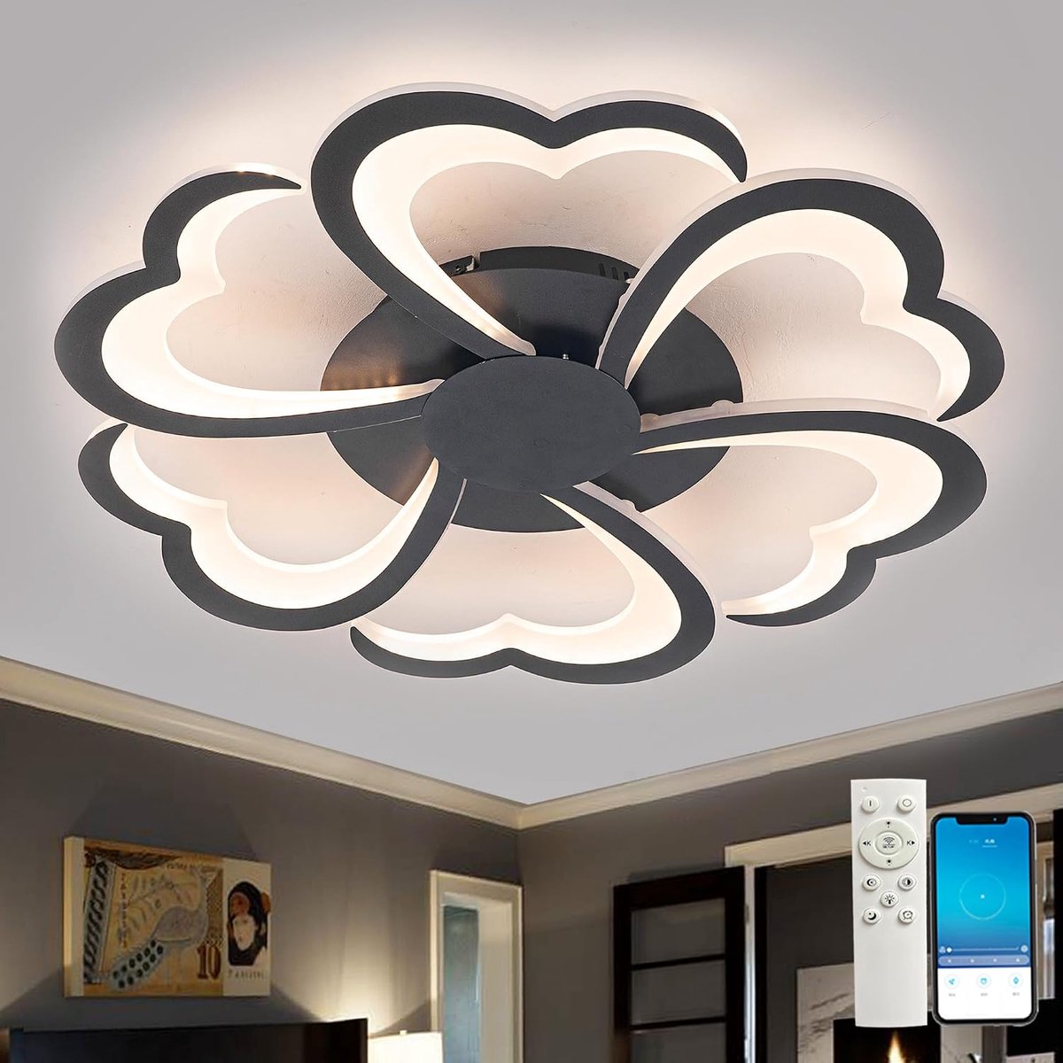 Plafondlampen Woonkamer Bloem Modern Led Kroonluchters Plafondlamp 3000K-6000K Dimbare Geheugenfunctie Plafondverlichting Zacht Licht 72W Geschikt Voor Slaapkamer