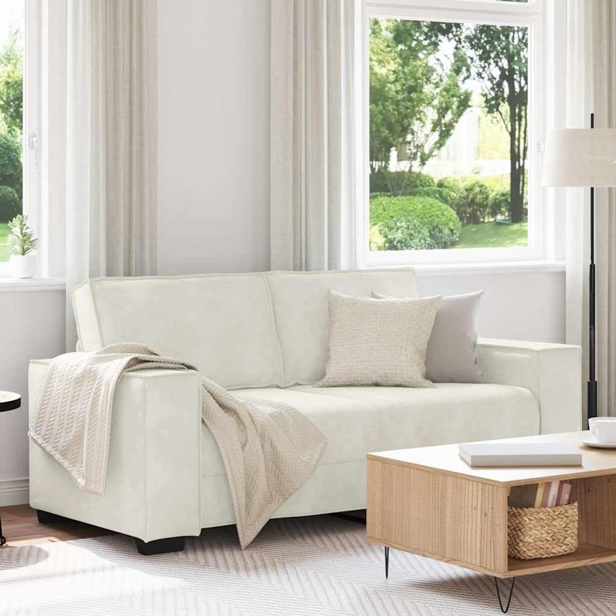 2-zitsbank, crème, 180 x 78 x 84 cm, fluweel, woonlandschap met brede armleuningen en robuust houten metalen frame voor hoog comfort