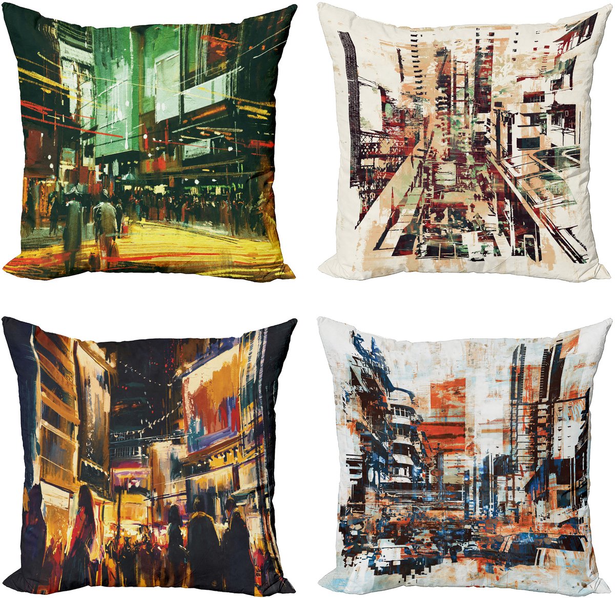 ABAKUHAUS Städtisch Sierkussen Kussenhoes 4 er Set, Big Stad Straßenrausch Kunst, Modern Accent Dubbelzijdige Digitale Print, 50 x 50 cm, Meerkleurig