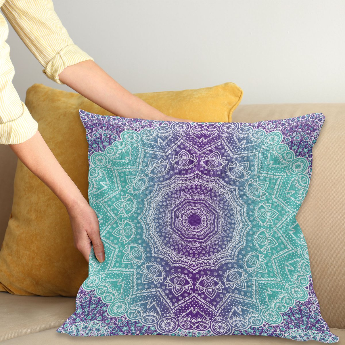 ABAKUHAUS Mandala Kussenhoes, Aufwändige Hippie, Water- en Vuilafstotend, Wasbaar, Dubbelzijdige Print met Ritssluiting, 50 x 50 cm, Aqua Lila