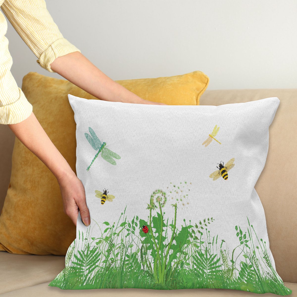 ABAKUHAUS Lente Kussenhoes, Blühend Laub Bees, Kussenhoes met Ritssluiting en Dubbelzijdige Print, 45 x 45 cm, Meerkleurig