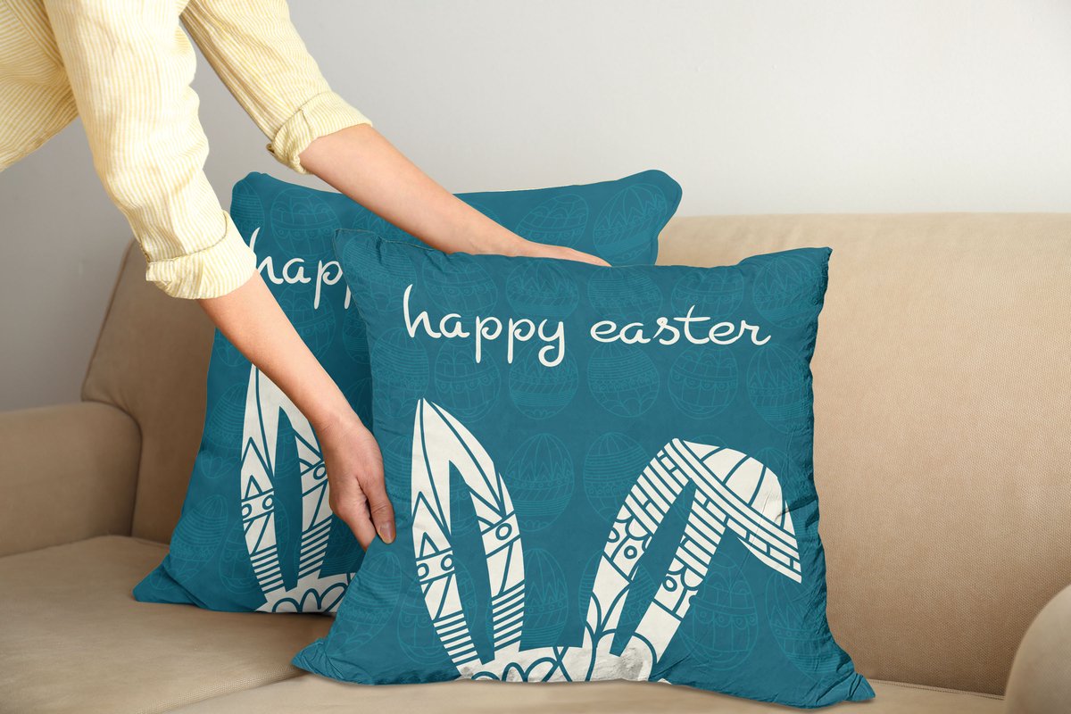 ABAKUHAUS Ostern Kussenhoes 2er-Set, Zier Häschen-Ohren, Kussenhoes met Ritssluiting en Dubbelzijdige Print, 45 x 45 cm, Crème Petrol Blauw
