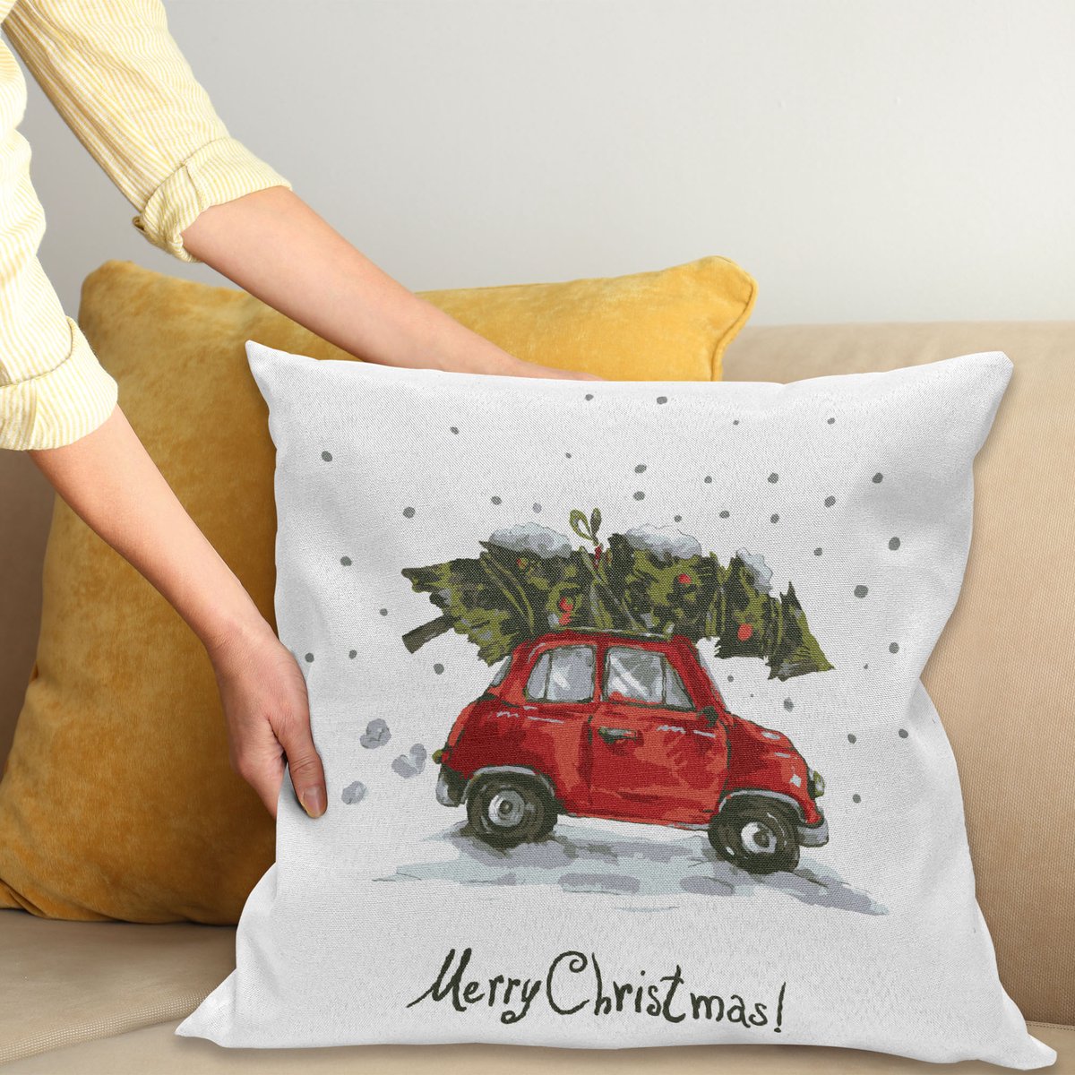 ABAKUHAUS Kerstmis Kussenhoes, Retro-Auto met Boom, Kussenhoezen met Dubbelzijdige Print Kleurecht Wasbaar en Ritssluiting, 45 x 45 cm, Groen Rood
