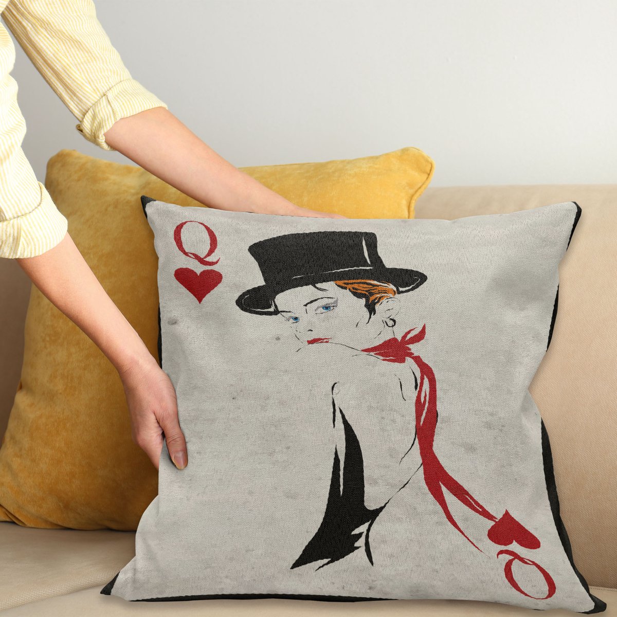 ABAKUHAUS Königin Kussenhoes, Retro Frauen-Kaart Ace, voor de Binnen of Buiten Gebruik Geschikt met Ritssluiting Wasbare Stof, 40 x 40 cm, Vermiljoen Beige