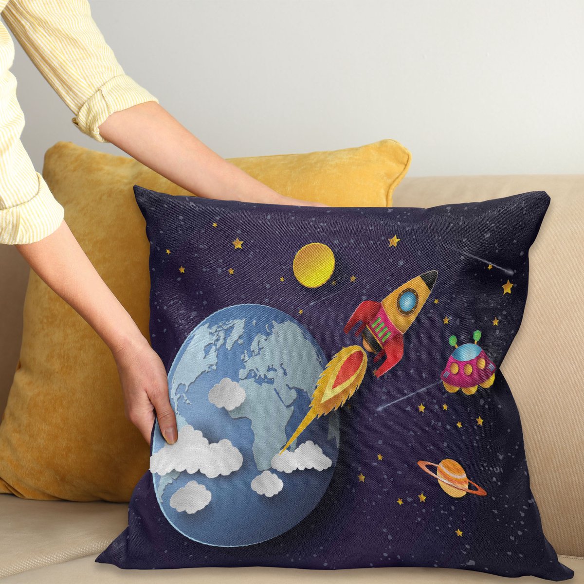 ABAKUHAUS Plek Kussenhoes, Rakete Aarde Sterren UFO, Kussenhoes met Dubbelzijdig Patroon, Heldere Digitale Print, Kleurecht, met Ritssluiting, 40 x 40 cm, Meerkleurig