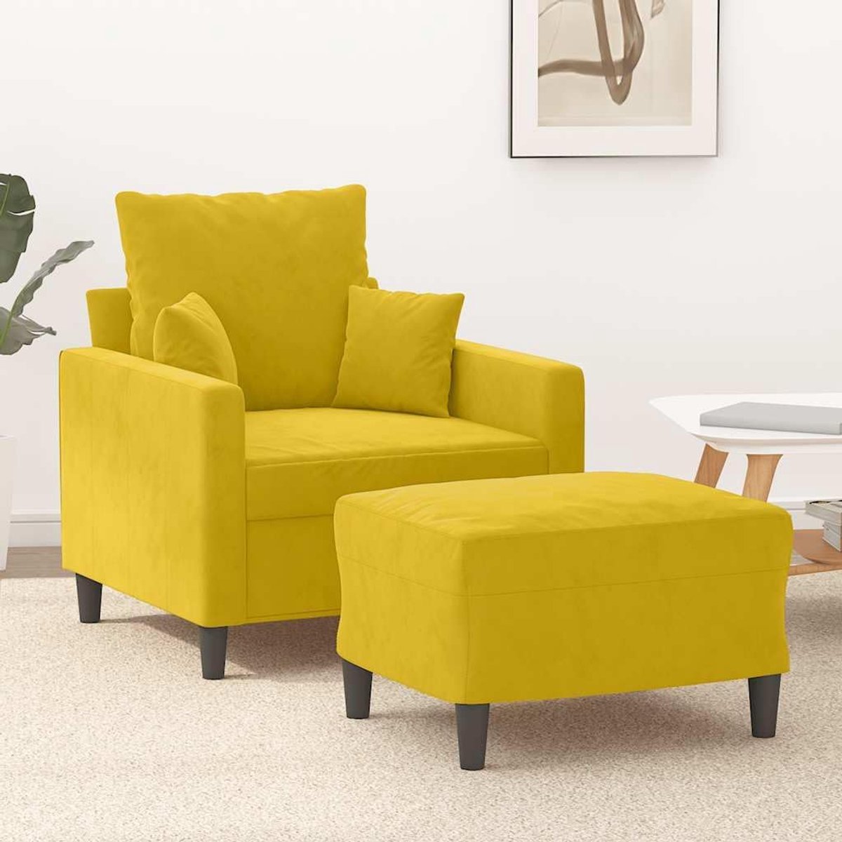 Fauteuil met kruk geel 60 cm fluwelen gestoffeerde stoel relaxstoel met dik gevoerde zitting en robuust metalen frame voor woonkamer