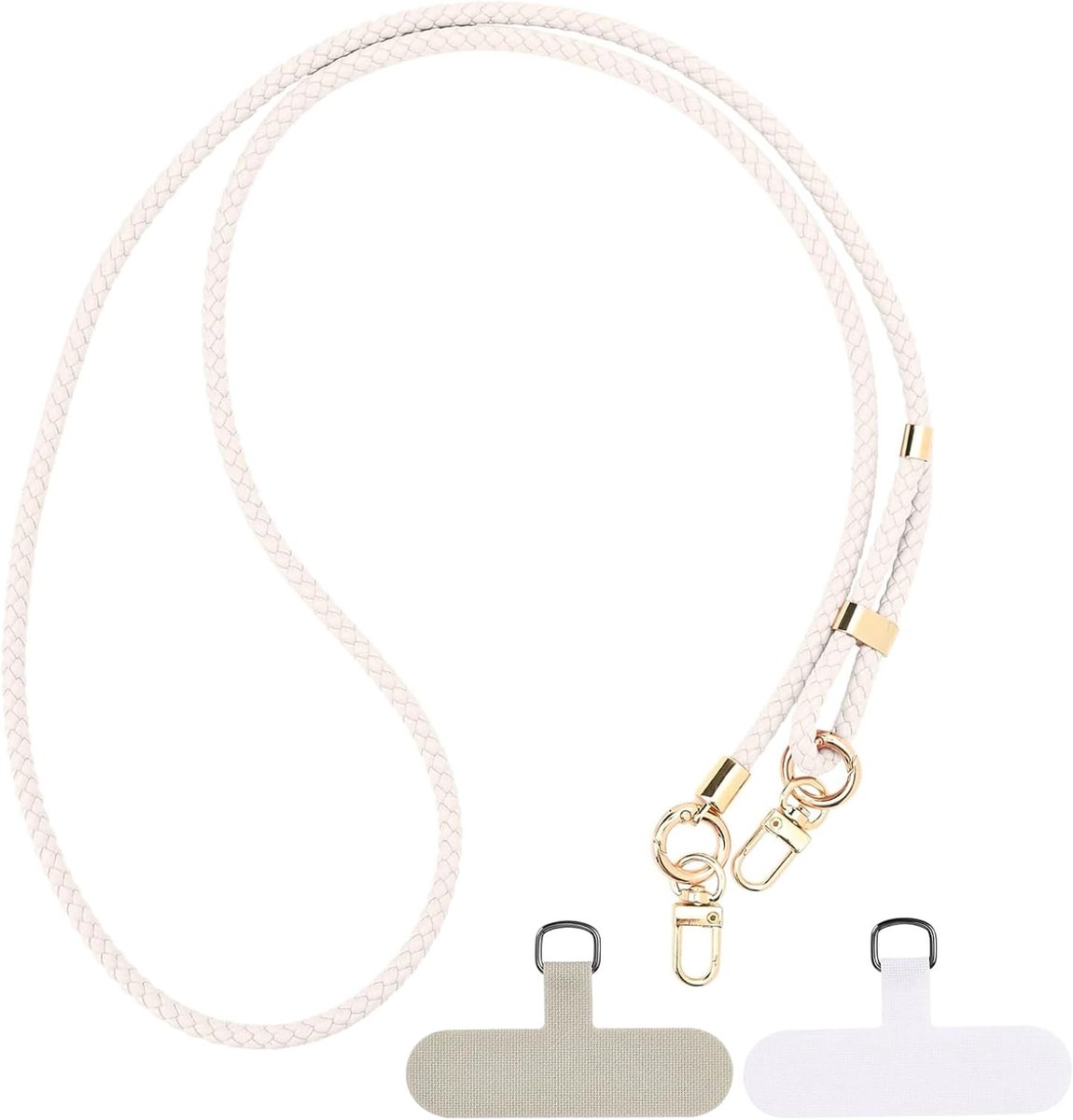 universeel, lang telefoonkoord, verstelbaar telefoonkoord met 2 universele patches, mobiele telefoon om de hals hangen, universeel, voor alle smartphone-hoesjes, wit