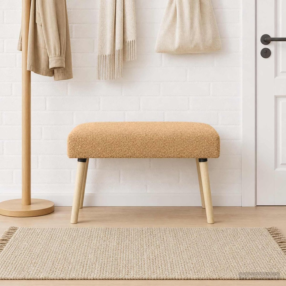 Zitbank met bekleding, beige bouclé-stof, frame van hout, modern design, comfortabel, 80 x 40 x 46 cm, voor woonkamer, slaapkamer, hal, entree, als legplank of kruk