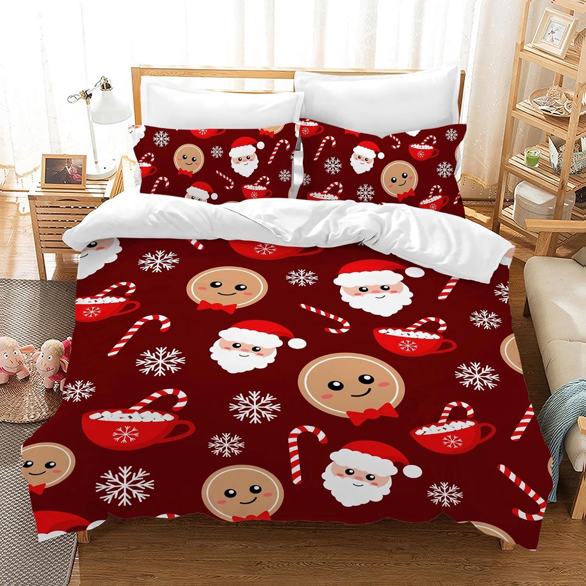 Dekbedovertrek voor tweepersoonsbed Kerstmis 135 x 200 cm, beddengoedset met kerstman en eland, kerstcadeaus voor kinderen en jongeren (rode sneeuwvlokken, 200 x 200 cm)