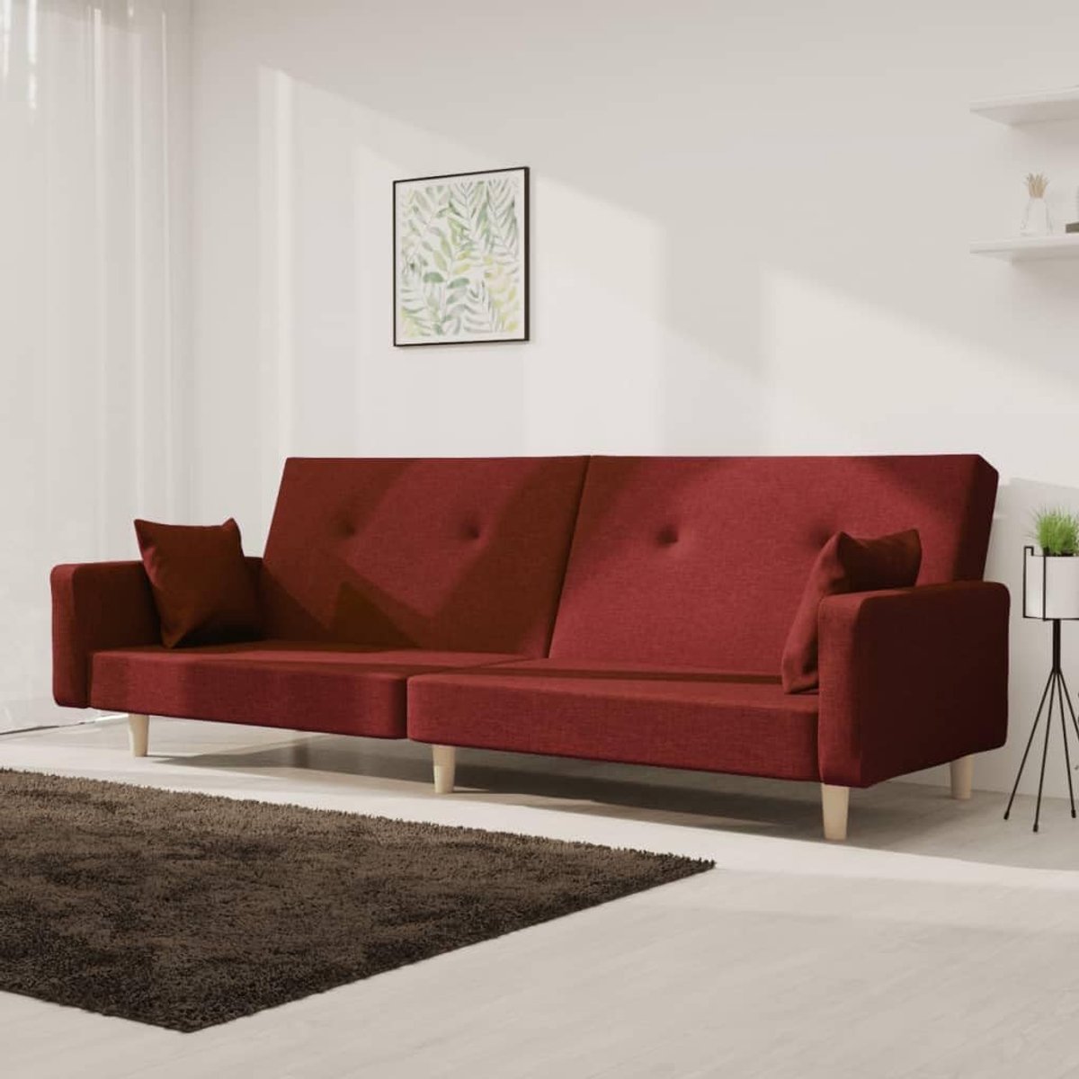 2-zits met 2 kussens, wijnrood, stof, 2-in-1 functie, houten frame, comfortabel, ademend, duurzaam, stabiel logeerbed voor woonkamer en kantoor