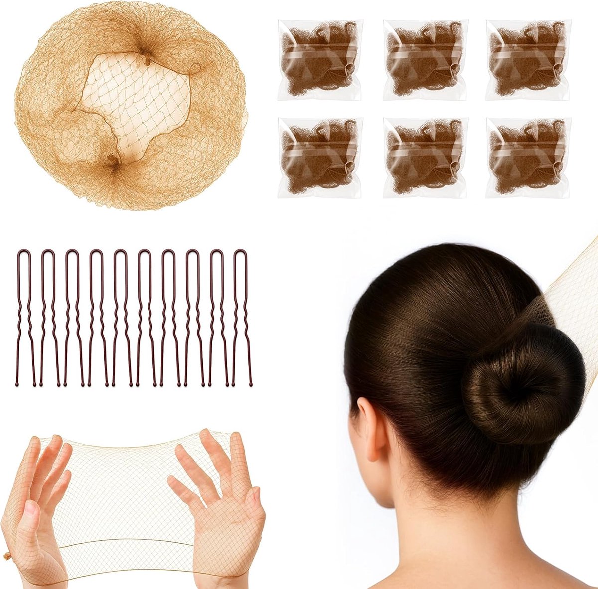 Haarnetten voor broodjes, 20 stuks met 20 U-vormige pinnen, geschikt voor vrouwen, balletdansers, chef-koks en verpleegkundigen, 50 cm, onzichtbaar