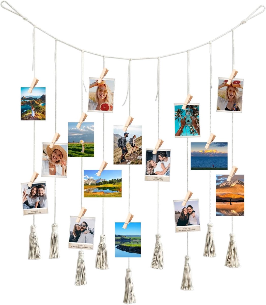 Fotohangend touw 150 cm x 70 cm - beige - boho-stijl - met kwastjes - inclusief 45 clips