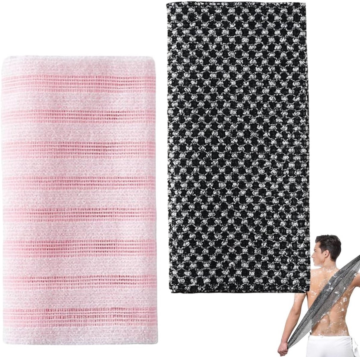 2 stuks douchespons voor de rug, exfoliërende borstel voor douche, dicht schuim, ultrazachte diepe scrub (zwart en roze)