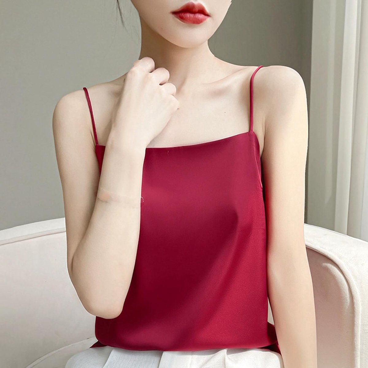Zijden Vest - Zomer Dun Dameshemd Blauw Satijn Boothals Mouwloos Tanktop Modieus Losvallend Klein Hemdje Sexy Top Elegant Kantoor Dames Kort Pak Met Vest Casual,Wine Red,Xs