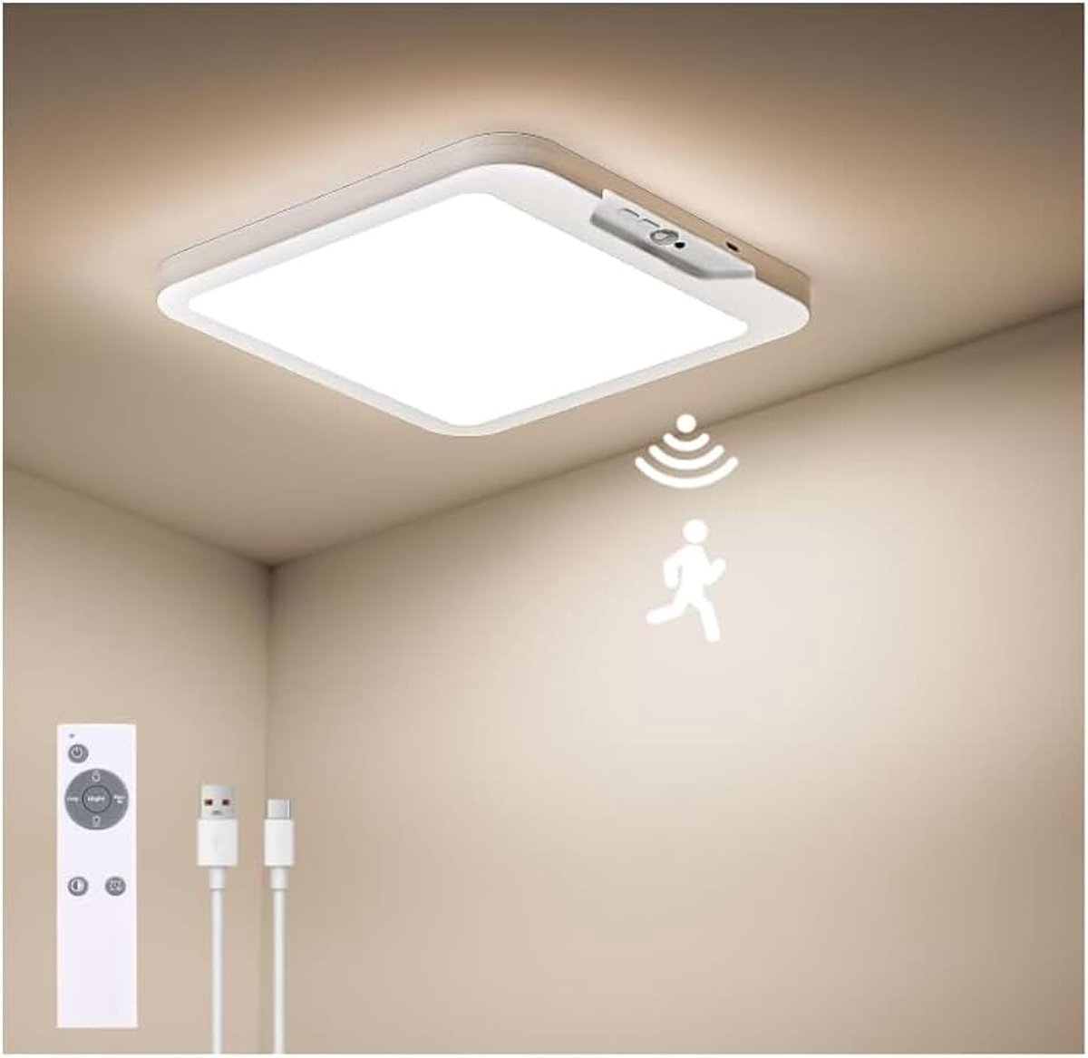 Plafondlamp met Bewegingsmelder, Batterijlamp met Bewegingsmelder voor Binnen, 8000mAh Oplaadbare LED Batterijlamp, Ideaal voor Trappenhuizen, Gangen, Garage