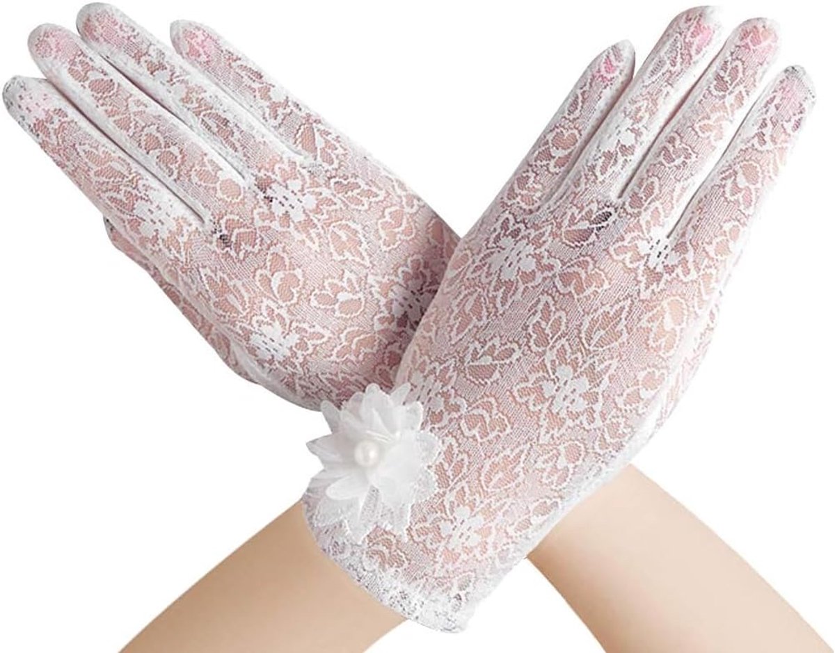 Handschoenen en wanten voor dames, 1 paar bloemenkanten handschoenen, korte handschoenen, elegant, zonwering, elastisch, UV-rijhandschoenen voor bruiloft, opera, diner, Halloween (wit)