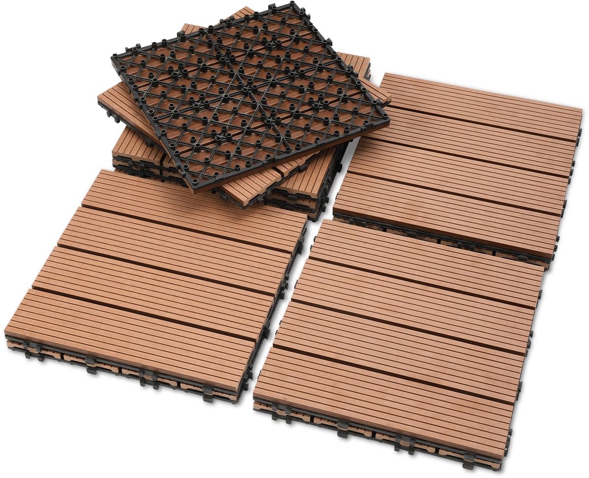 44 stuks WPC terrastegels, 30 x 30 cm, balkontegels, tuintegels met kliksysteem, terrasplanken, balkontegels, kliktegels, terrasplanken, waterdicht, voor terras, voor 4 m² bruin