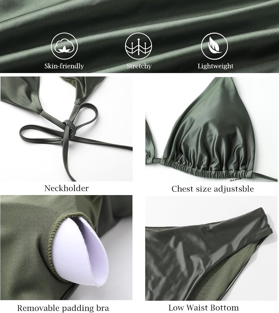 Bikiniset voor dames, driehoekig, haltertop, lage taille, bikini, badmode, fijne, zachte olieglanzende stof met cups, tweedelig badpak