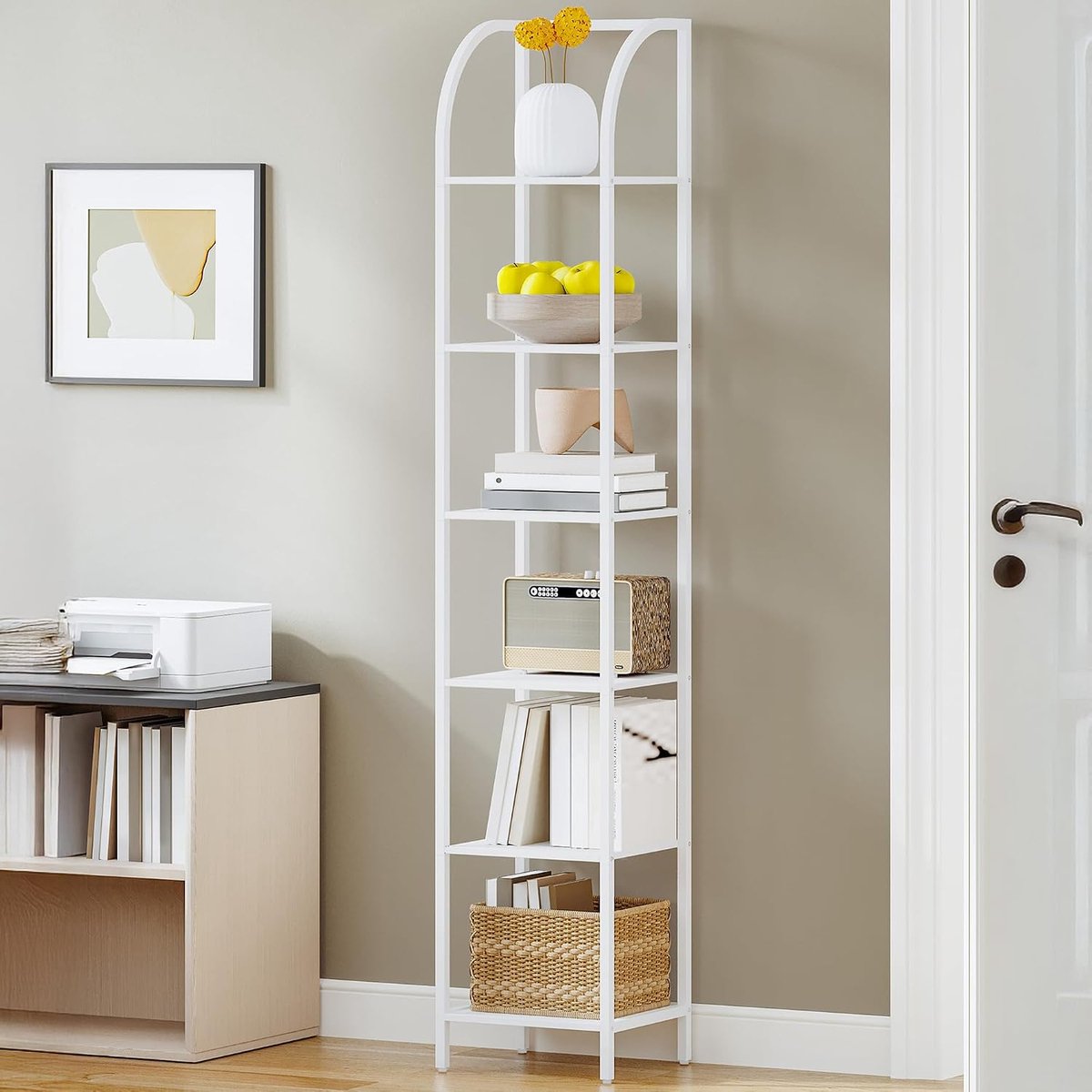 Smalle boekenkast 6 niveaus, 30 x 33,6 x 182,5 cm wit