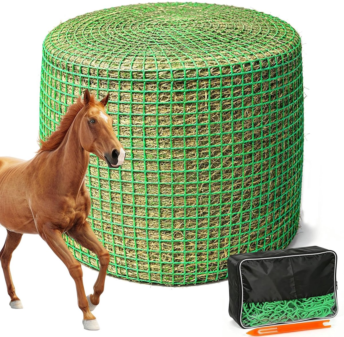 ronde ballen, diameter 150 cm, hoogte 150 cm, fijnmazig voedernet, slijtvast hooinet voor paarden, ronde baldiameter, maaswijdte 4,5 x 4,5 cm, geschikt voor hooirook
