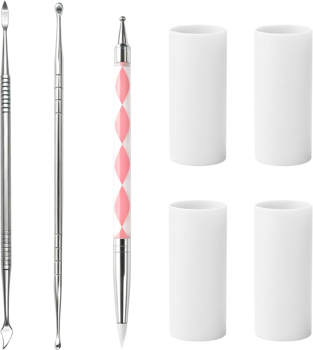 3 Stks 3D Sculptuur Pennen Nail Art Gel Tool, Dubbele Kop Roestvrij Staal Snij & Dotting Set for Builder Bloem Design, DIY Salon Thuis Manicure, Inclusief Siliconen Vingerafdekkingen