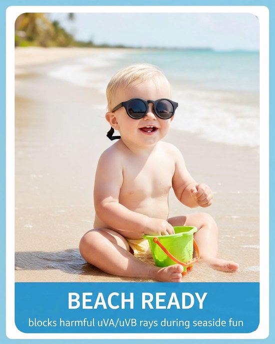 Zonnebril voor baby's, 0-36 maanden, gepolariseerd, met verstelbare riem, siliconen frame, rond, voor kinderen, UV400-bescherming, babyzonnebril, 0 tot 3 jaar, voor jongens en meisjes (zwart) — afbeelding 4