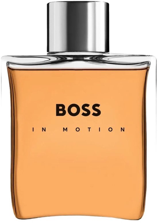 Hugo Boss In Motion Eau de Toilette voor dames en heren, 100 ml. Oranje vloeistof in een glazen fles met zilveren dop.