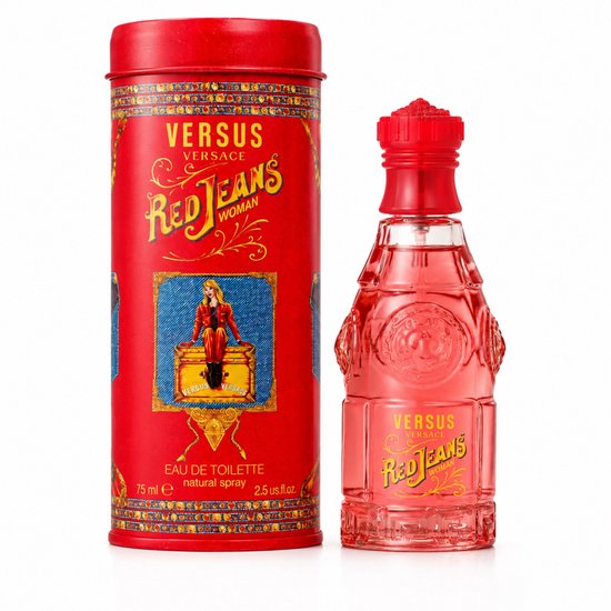Versace Red Jeans Eau de Toilette voor dames, 75 ml. Rode verpakking met gouden letters en een afbeelding van een vrouw. Naast de verpakking staat de rode parfumfles.