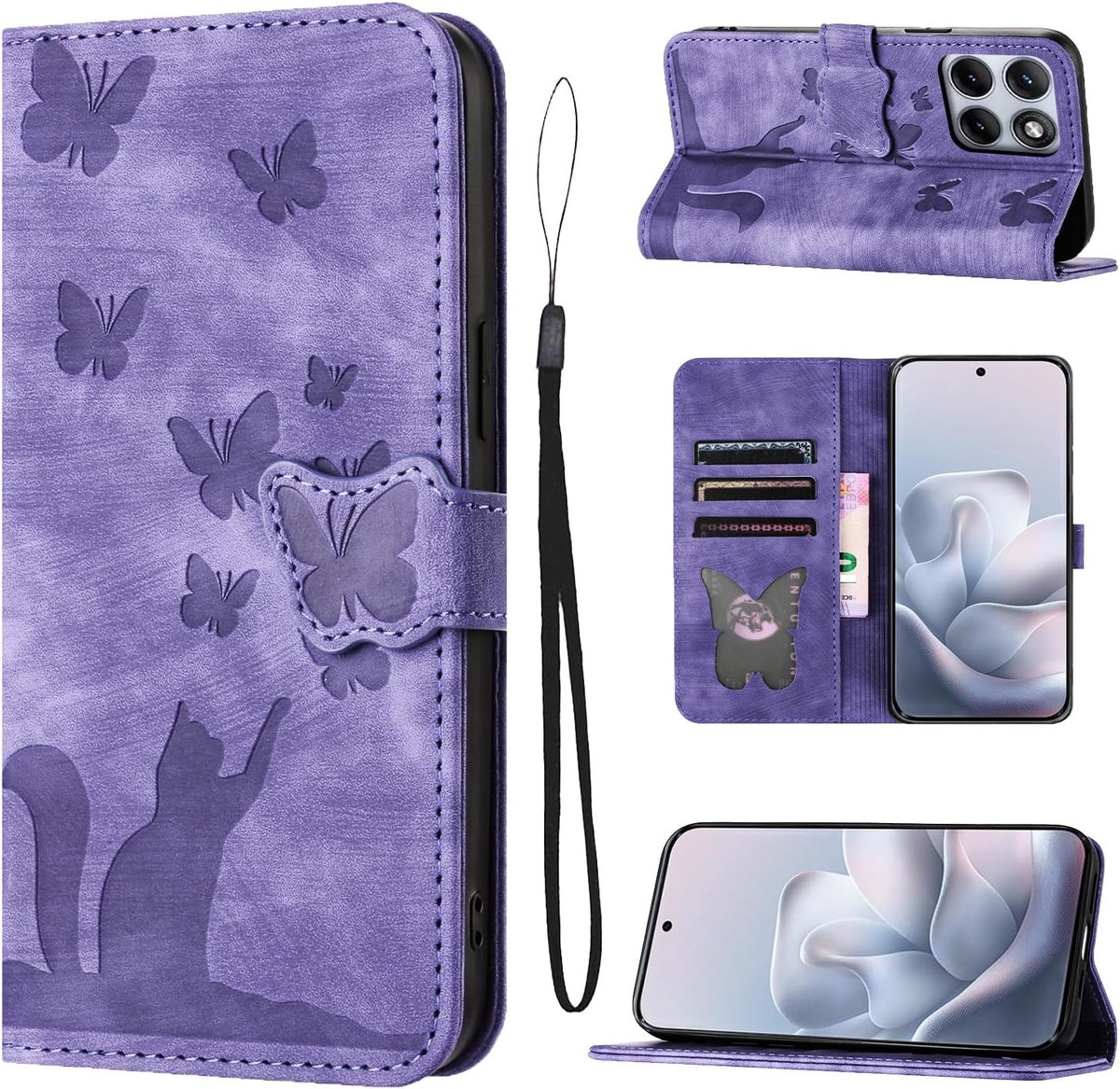 Telefoonhoesje voor Motorola Edge 70 Fusion 6,78 inch, PU-leer, vlinderkat, beschermhoes, hoes met kaartsleuven, inklapbaar, flip case, standfunctie, paars