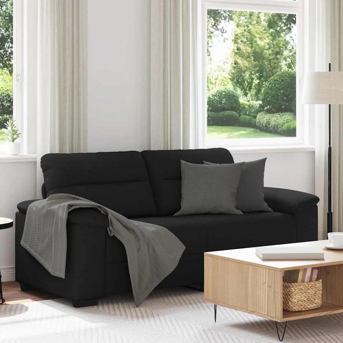 2-zitsbank, zwart, 140 cm, stof, gestoffeerde bank met brede armleuningen, polyesterweefsel, robuust houten en metalen frame, comfortabel voor woonkamer, kantoor, ontspanning, tv kijken,