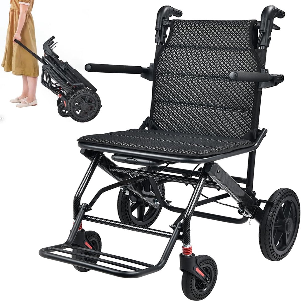 Transportrolstoelen met telescoopgreep, 11 kg, draagbare opvouwbare reisrolstoel voor volwassenen en ouderen, aluminiumlegering, schokabsorberende honingraatbanden, draagkracht 110 kg