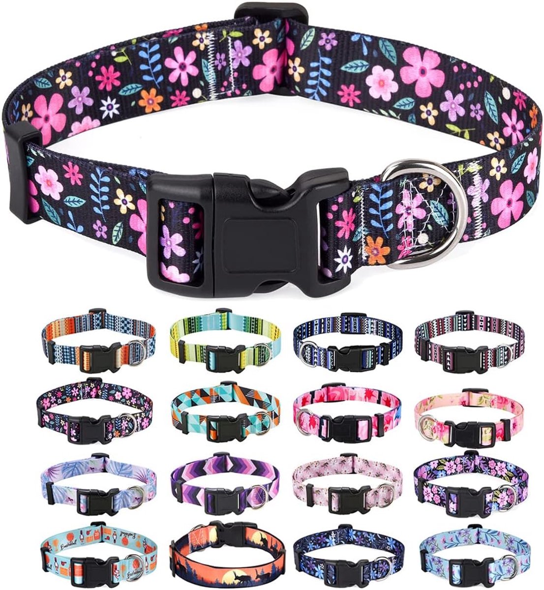 Zachte halsband voor honden, met bloemmotieven, verstelbaar, voor kleine, middelgrote of grote honden (bloemen, L)