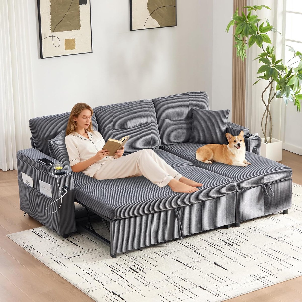 3-zits met opbergruimte, L-bank, hoekbank met hydraulische chaise longue en ladebed, bank met USB-C en bekerhouders, moderne linnen bank voor de woonkamer (carbon grey, 3-zits)