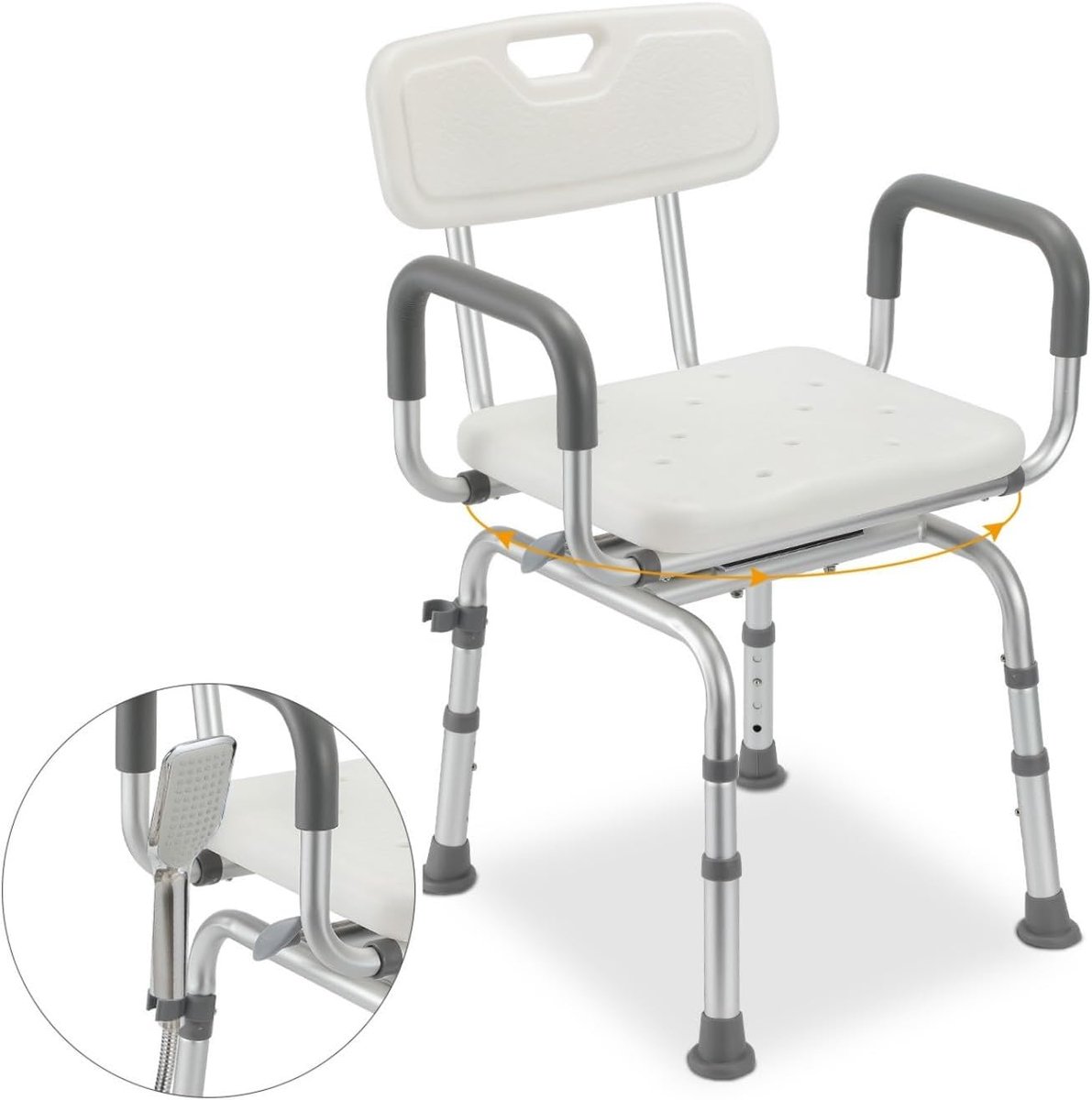 Douchekruk voor senioren, badkruk, 360 graden draaibaar, met rugleuning en armleuning, in hoogte verstelbaar, 40-48 cm, badkamerkruk, anti-slip voeten, stabiel voor de douche