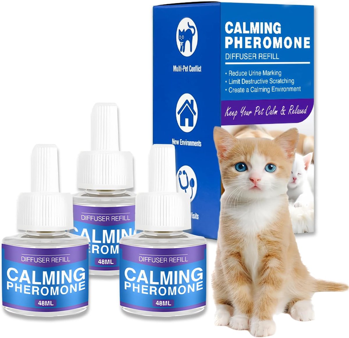 feromonen voor katten, rustgevende stressvermindering voor katten, 60 dagen, feromonen voor katten, vermindert angst en stress, rustgevende diffuser voor katten (3