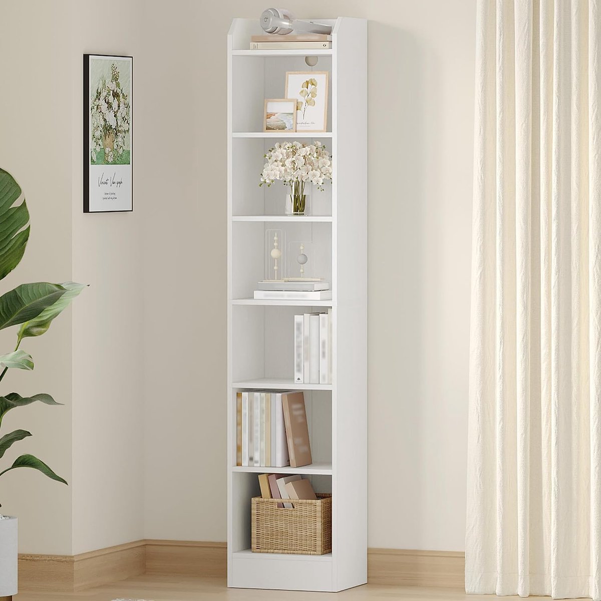 Boekenkast, staande rek, 7-verdieping, hout, 24 x 30 x 198 cm, wit
